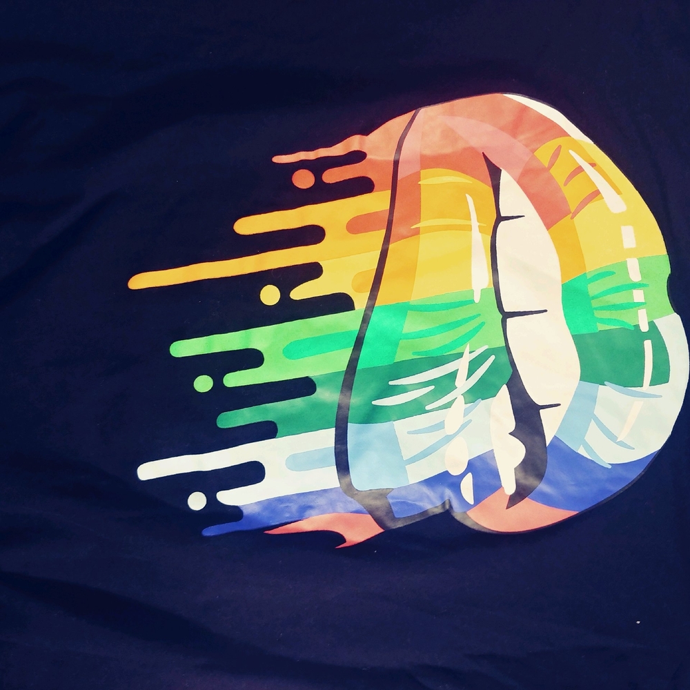 MagicMK black shirt with rainbow lips womens size S long sleeve off the shoulder